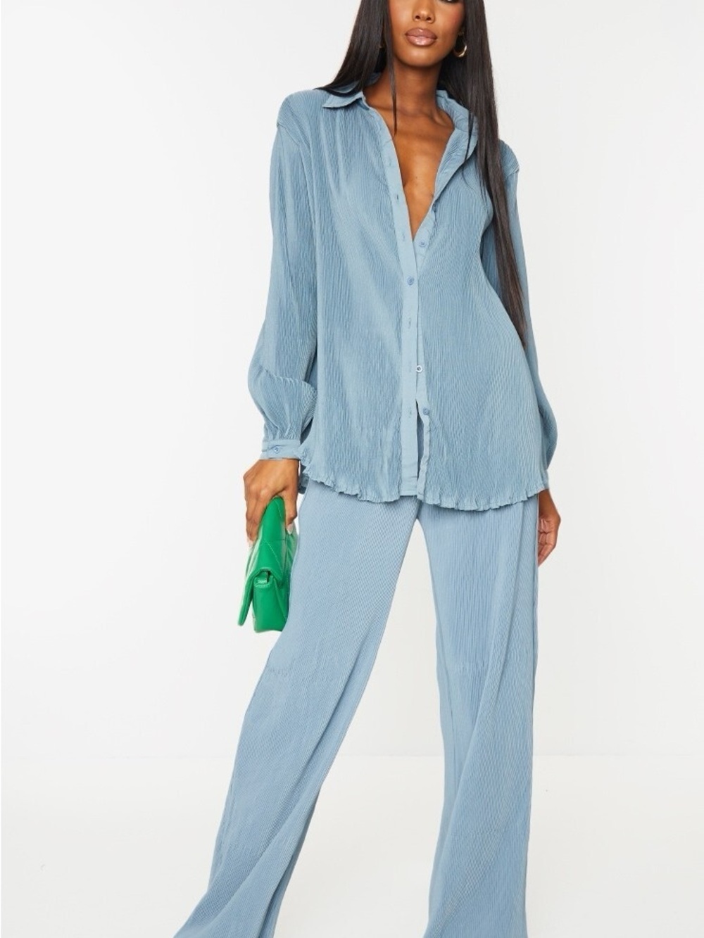 PrettyLittleThing Dusty Blue Plisse Coord Set (size US 8/10)